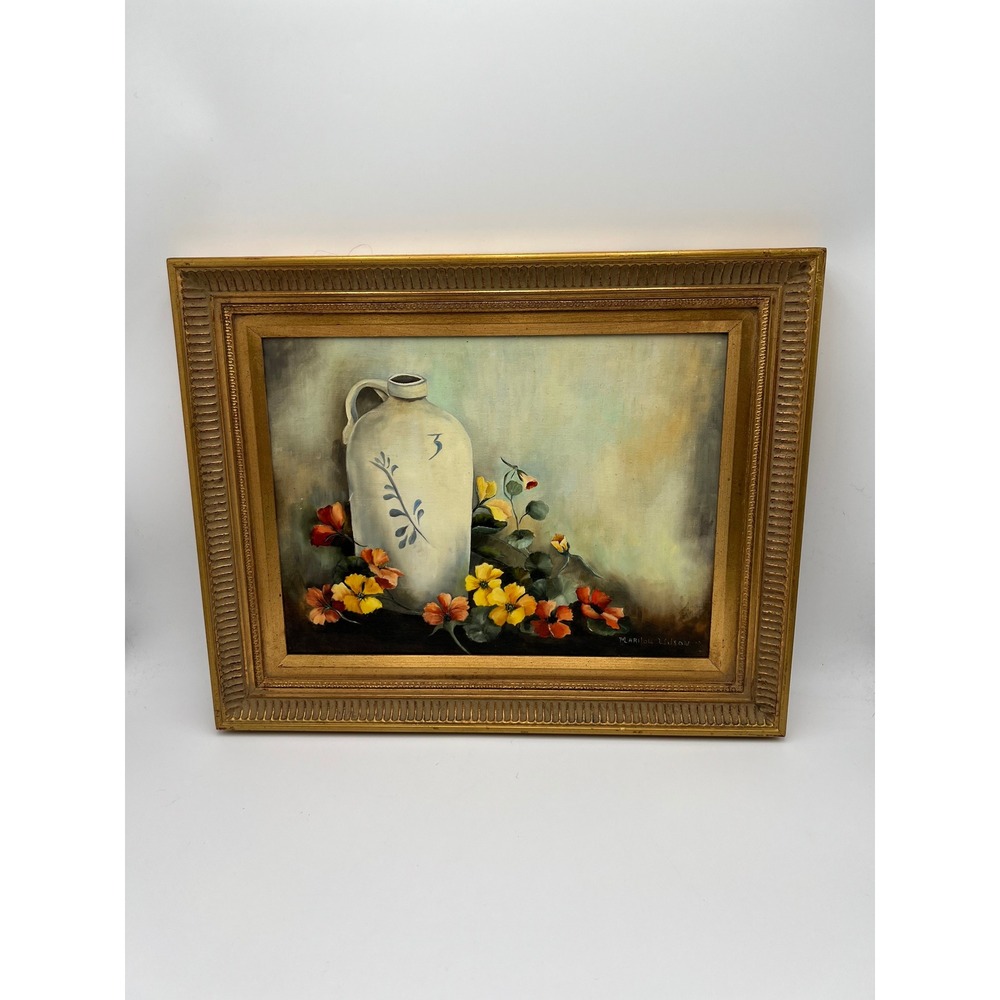 Marilou Wilson Original Oil Painting Still Life Crock Jug Flowers Gold Frame